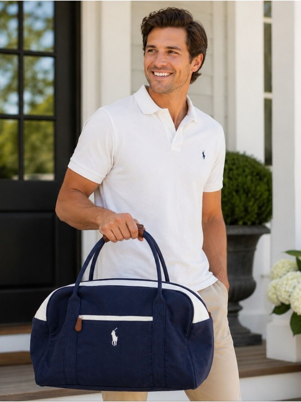 Polo Ralph Lauren Navy Blue Duffel Bag | Canvas & Leather Travel Bag | EUC